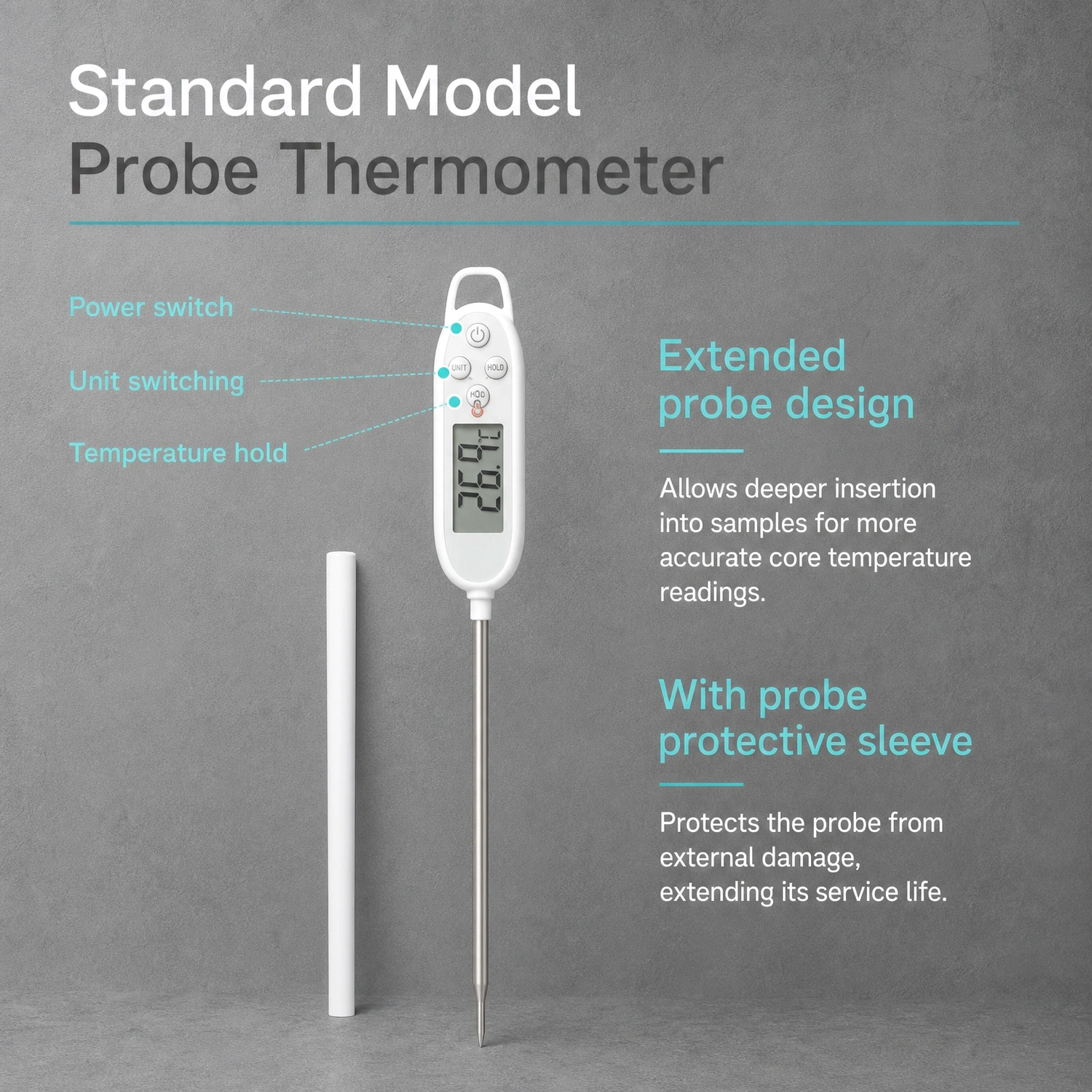 Labshark standard model probe thermometer with extended probe design and probe protective sleeve.webp