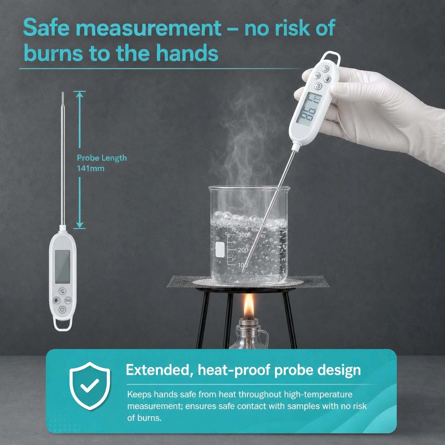 Extended heat-proof probe design on Labshark probe thermometer for safe high-temperature measurement.webp