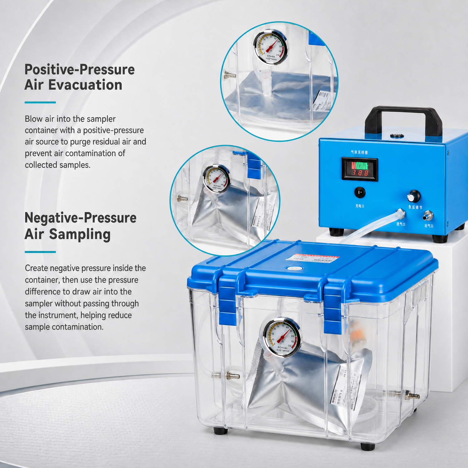 Positive pressure purge and negative pressure collection modes on Labshark NMHC sampler.webp