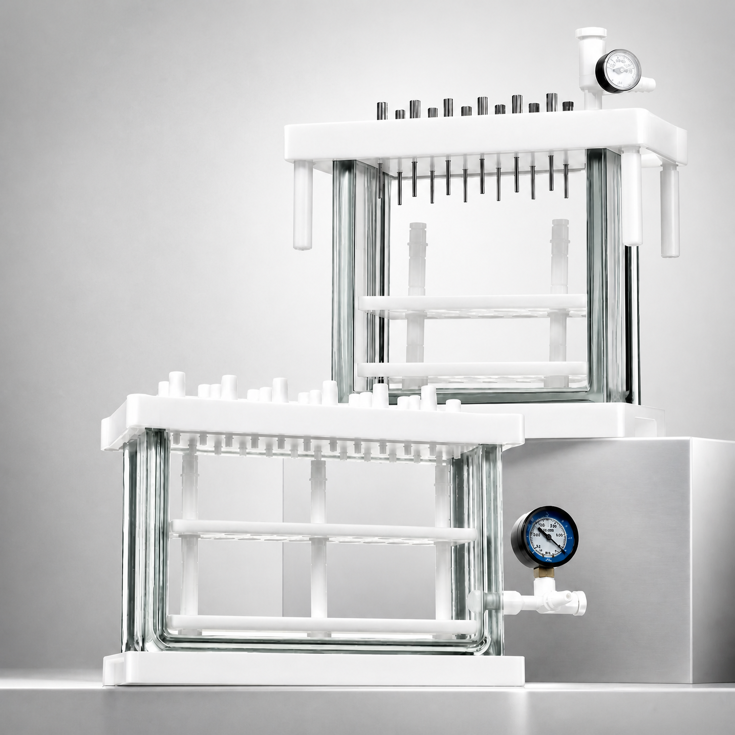 Labshark solid phase extraction vacuum manifold with 24 ports and visible glass chamber.png