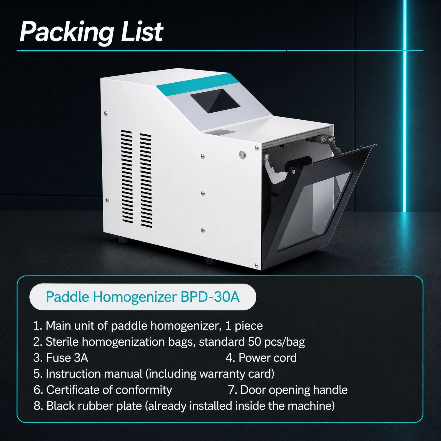 Packing list of Labshark paddle homogenizer BPD-30A including sterile bags and accessories.webp