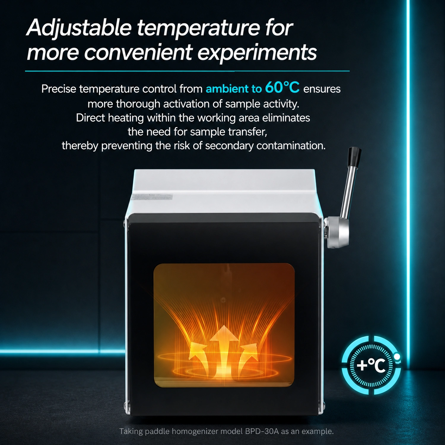 Adjustable temperature control ambient to 60&deg;C on Labshark paddle homogenizer.webp