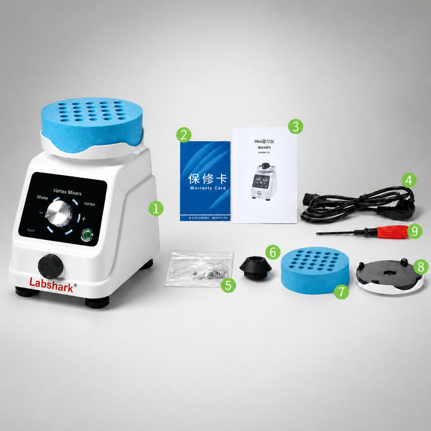 Labshark vortex mixer packing list with adapters and power cord.png