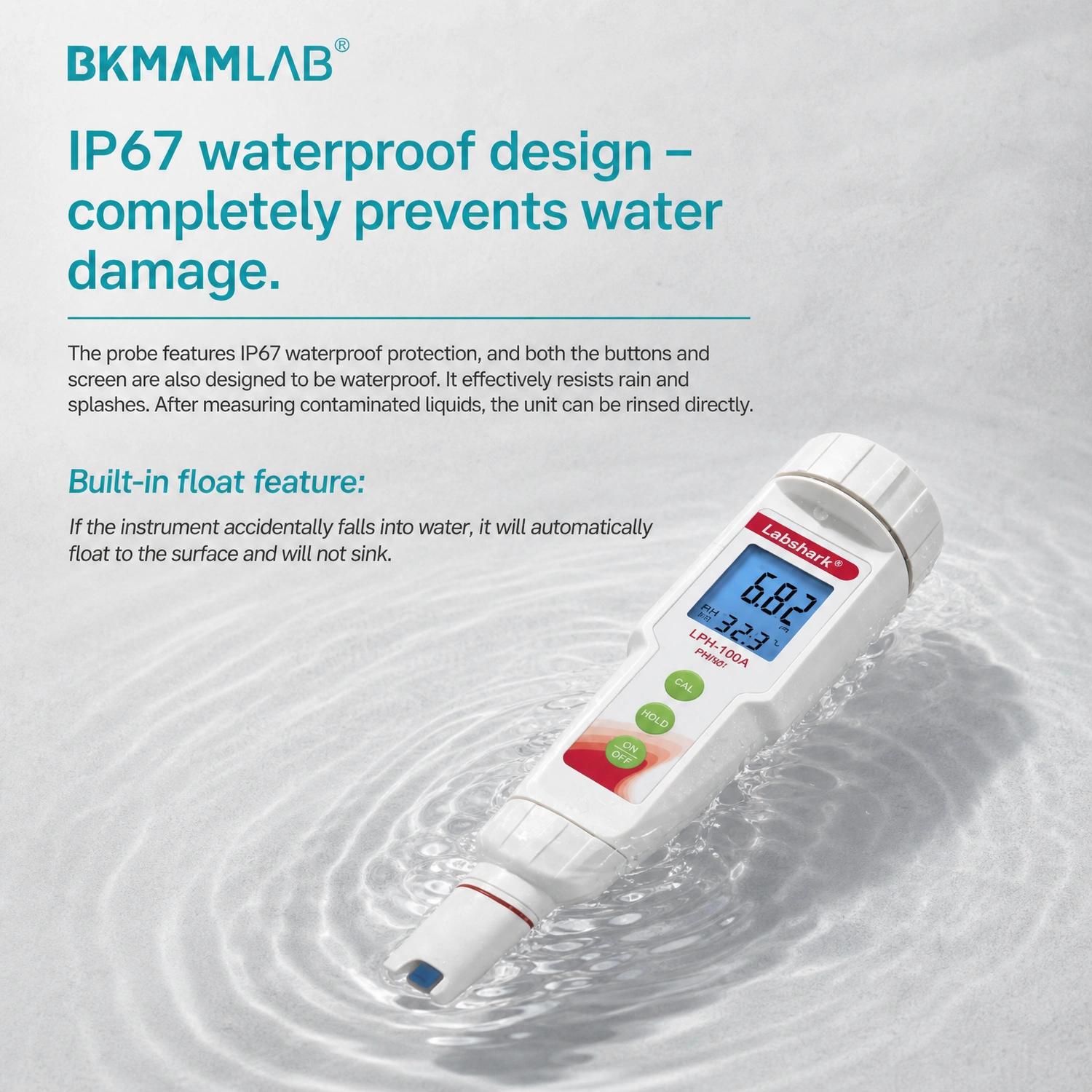 IP67 waterproof design and built-in float on Labshark pocket pH meter.webp