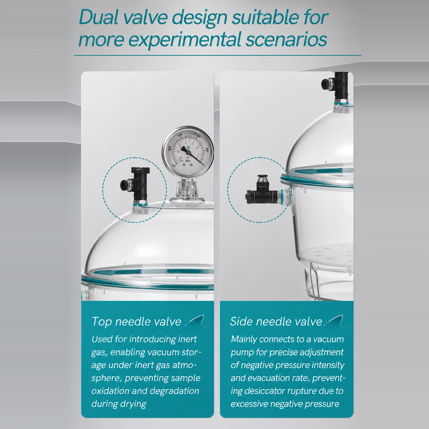Metal needle valve and quick-connect fitting with dual-valve installation on Labshark vacuum desiccator.webp