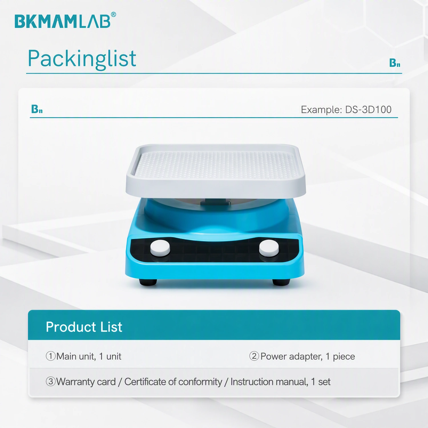 Packing list of BKMAMLAB laboratory shaker including main unit and power adapter.webp