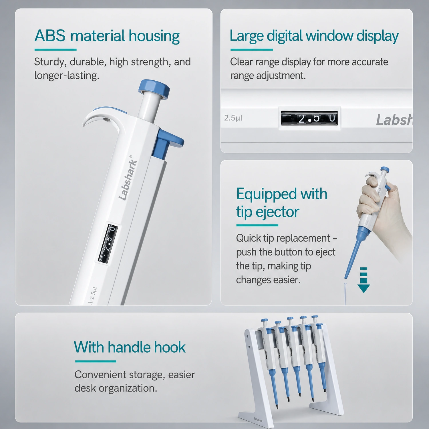 Ejector button and digital window display on Labshark lab pipettes.webp