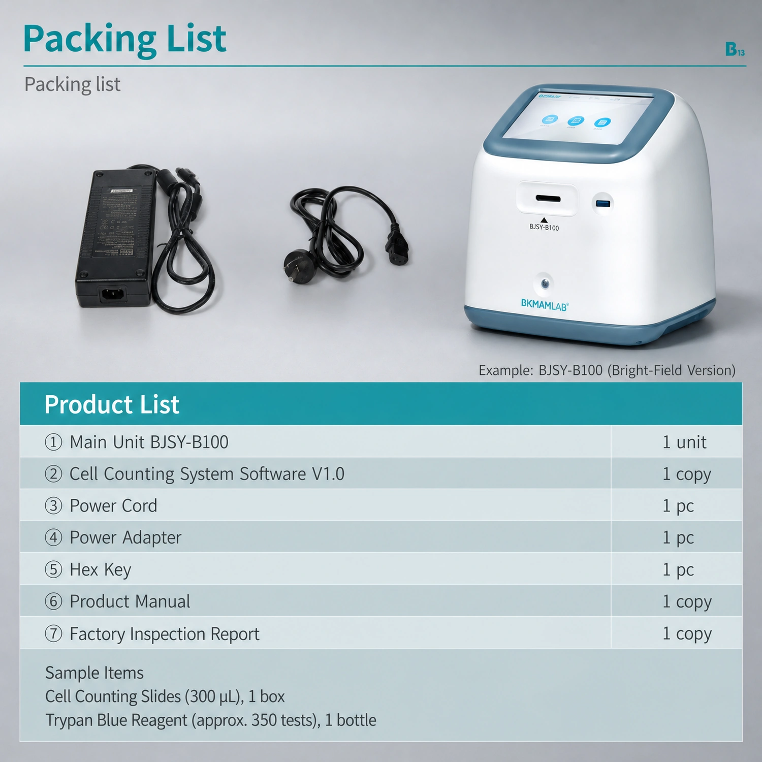 Packing list of BKMAMLAB automatic cell counter including main unit and software.webp