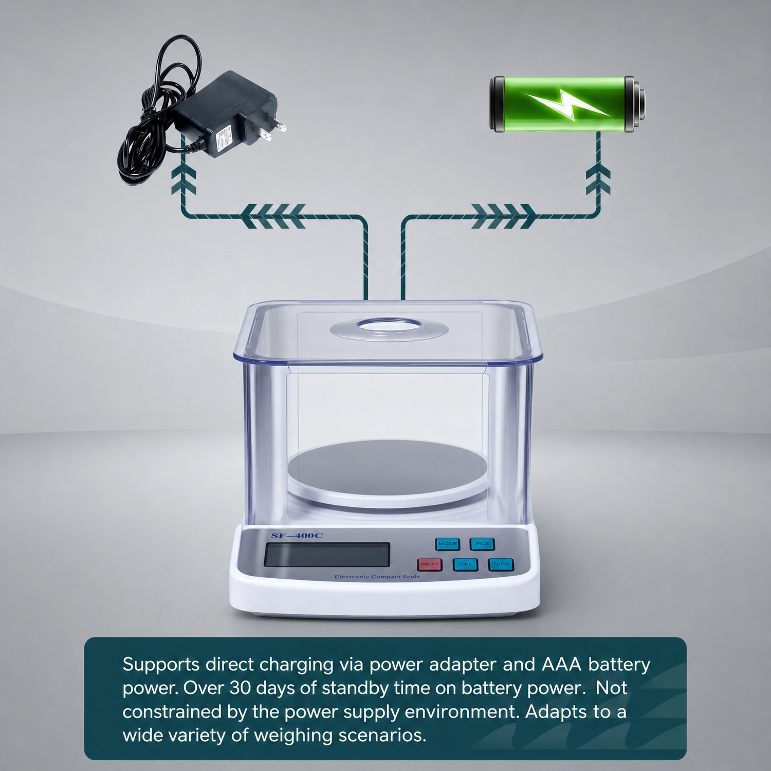 Multiple power supply options with AC adapter and battery on Labshark laboratory scale.webp