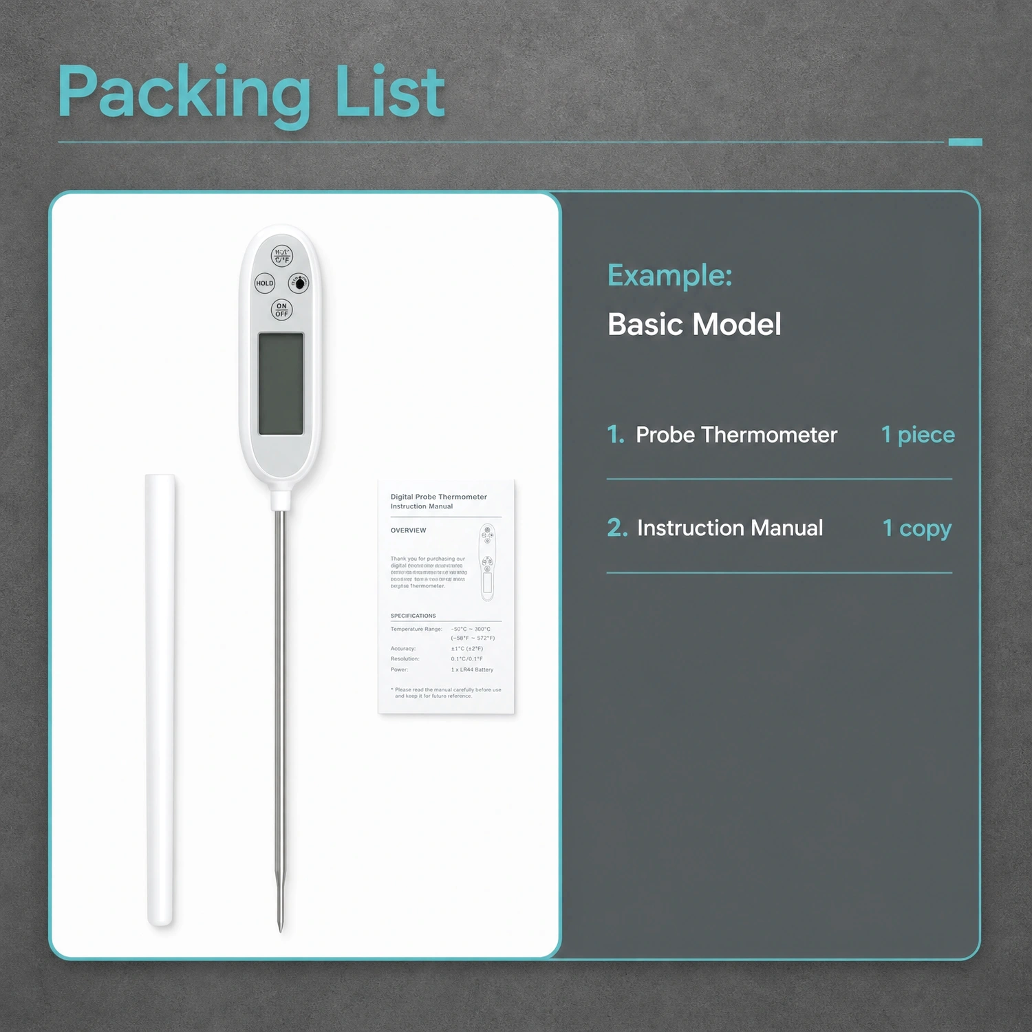 Packing list of Labshark probe thermometer including probe thermometer and instruction manual.webp