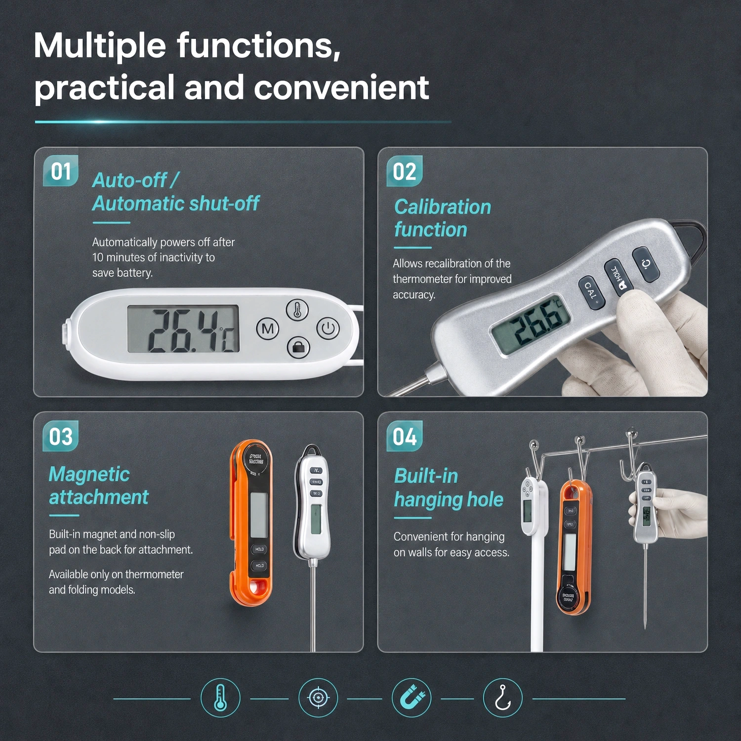Multiple functions of Labshark probe thermometer including auto-off calibration magnetic attachment and hanging hole.webp