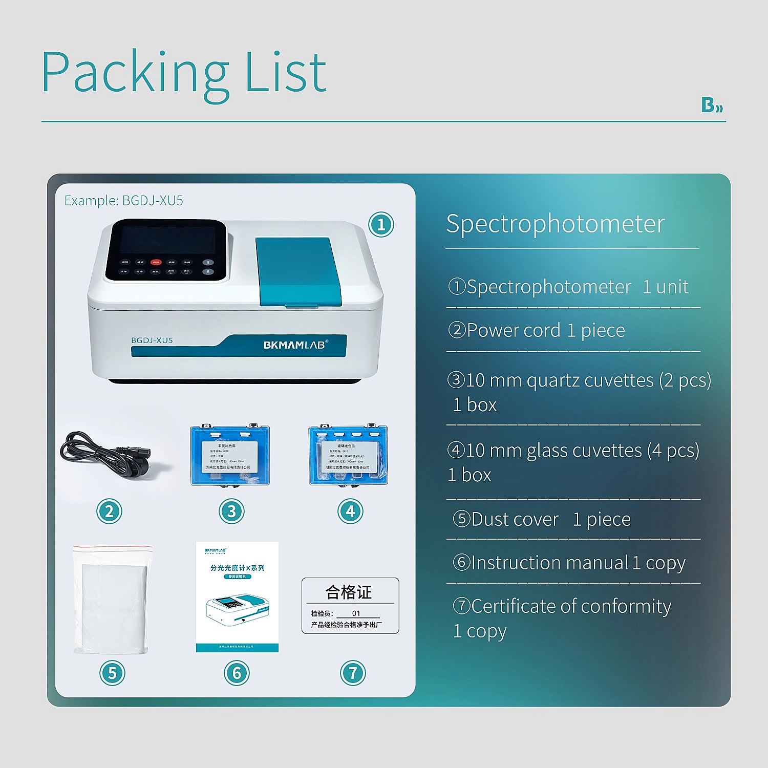 BKMAMLAB UV-Vis spectrophotometer packing list including quartz cuvettes and power cord.webp