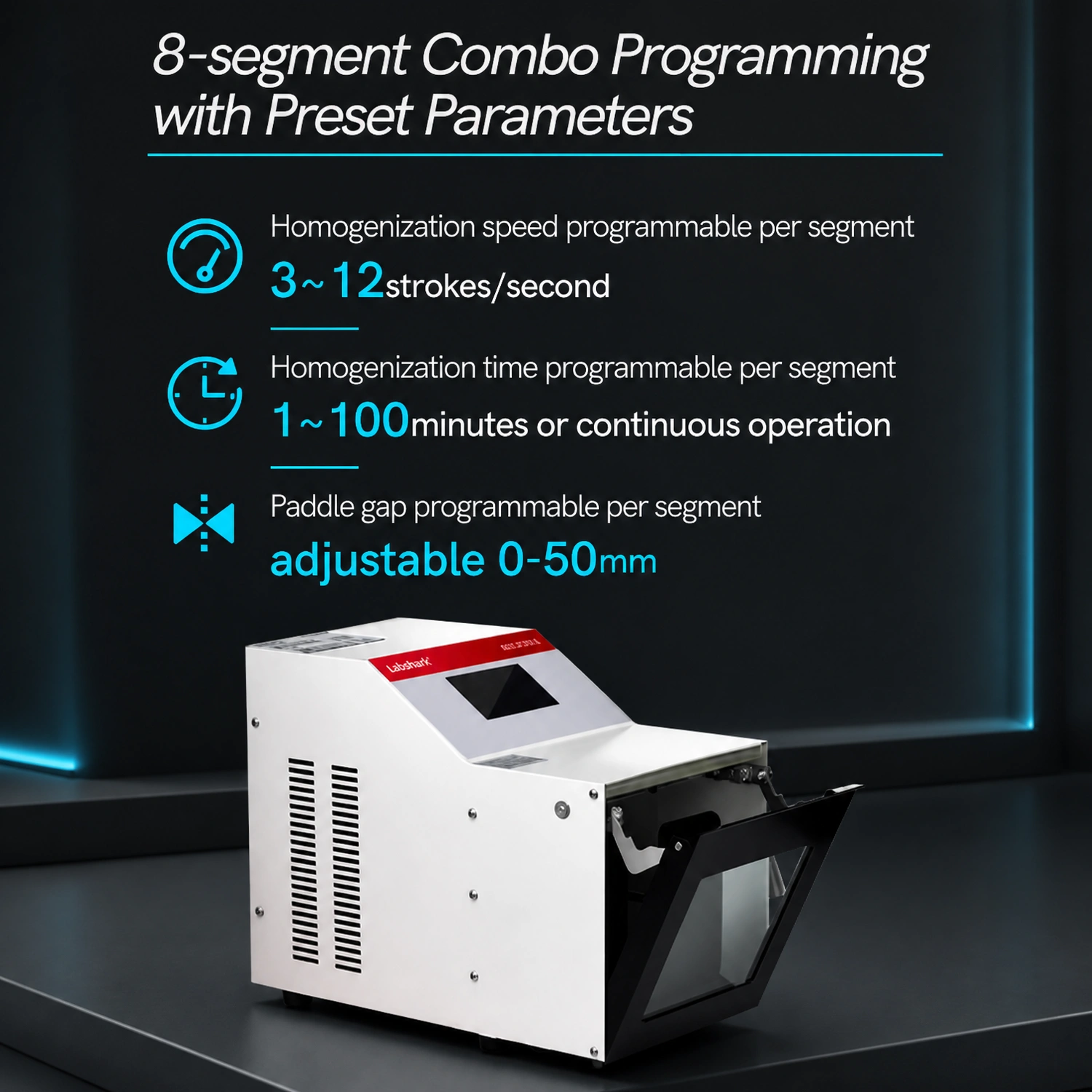 8-segment combo programming with preset parameters on Labshark paddle homogenizer.webp