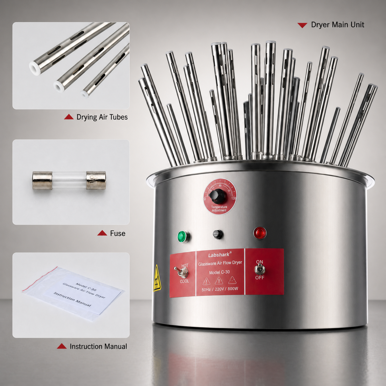 Packing list and accessories of Labshark glass airflow dryer.png