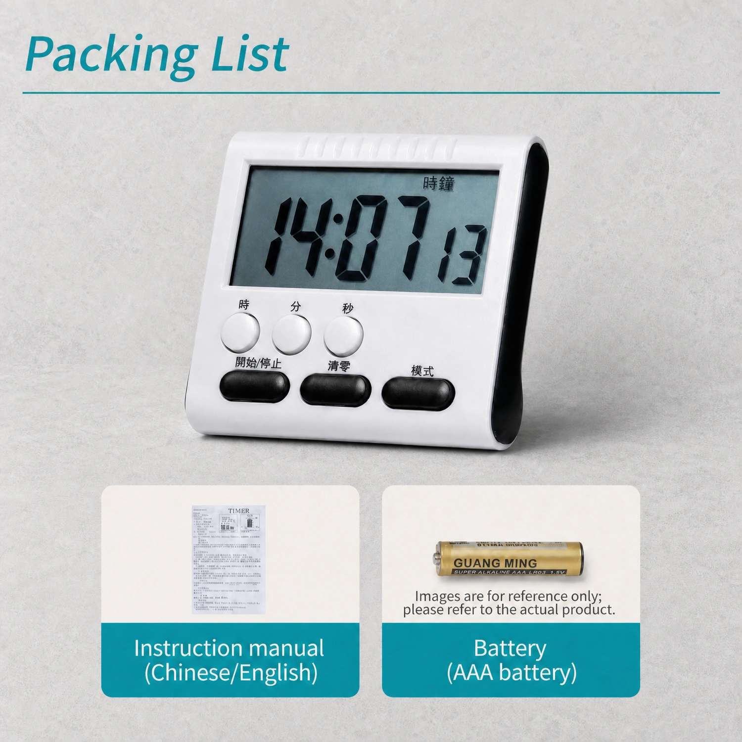 Packing list of Labshark Timepiece digital timer including timer unit instruction manual and AAA battery.webp