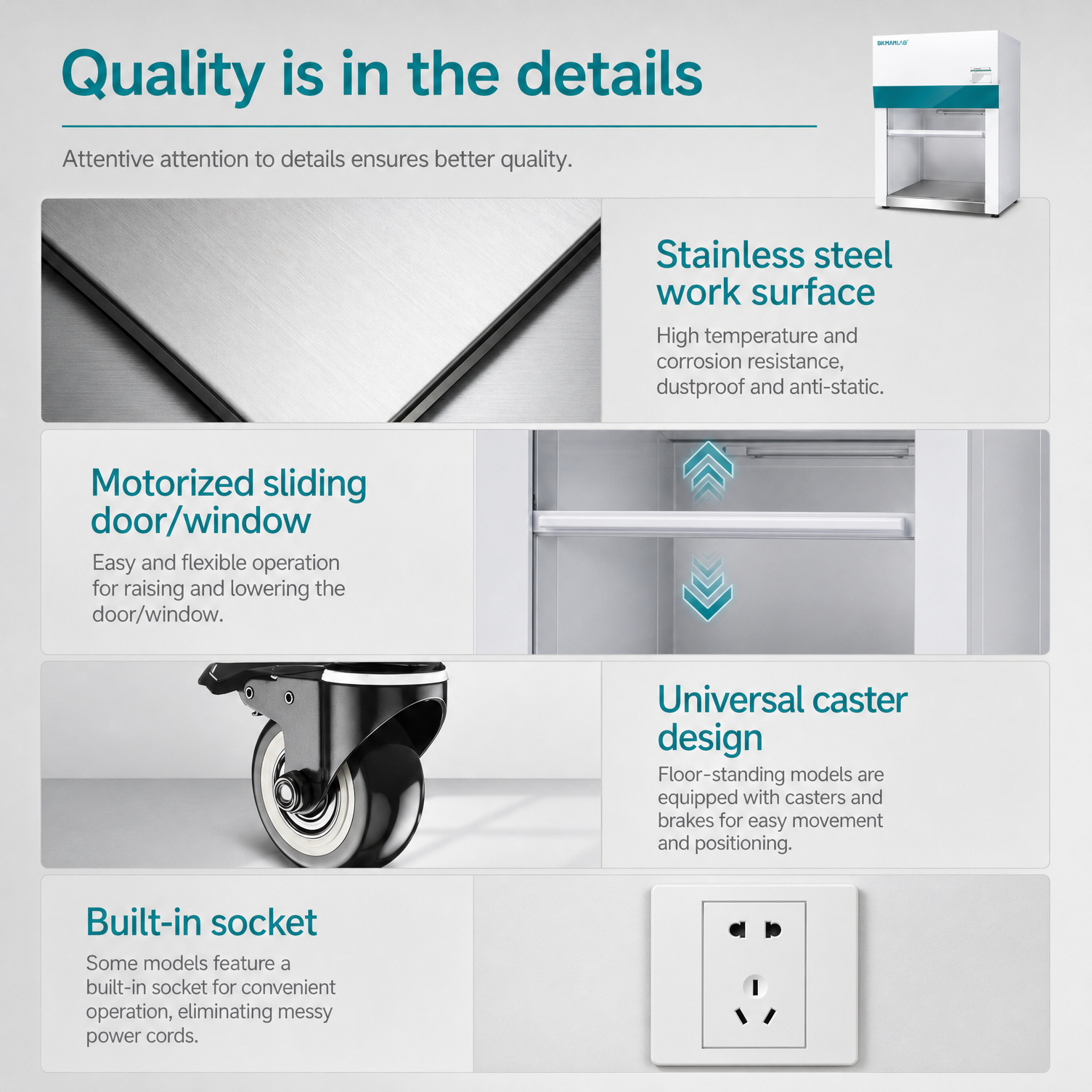 Quality details of Labshark ultra clean workbench including stainless steel work surface motorized sliding door and universal casters.png