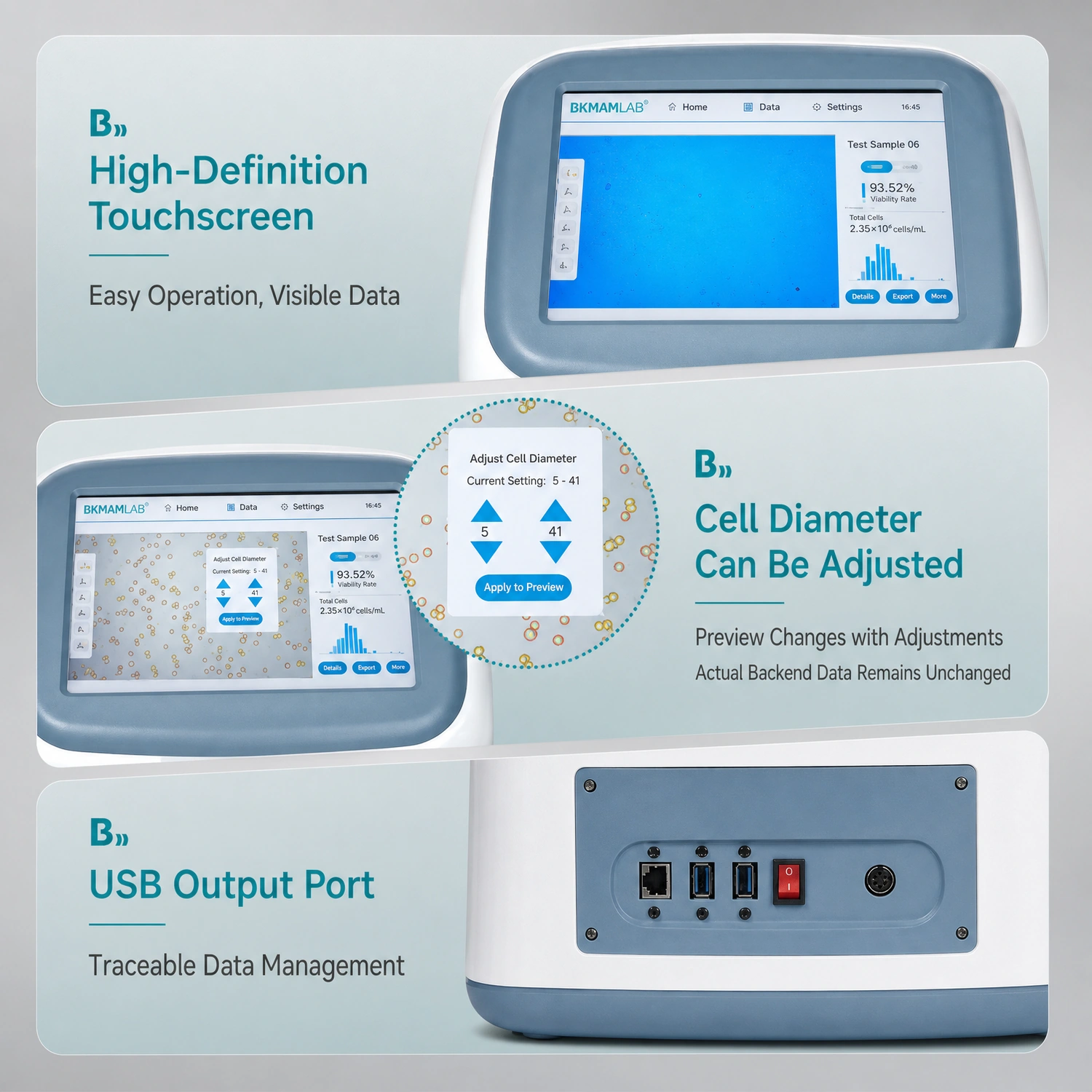 HD touch screen and USB output interface for data management on BKMAMLAB automated cell counter.webp