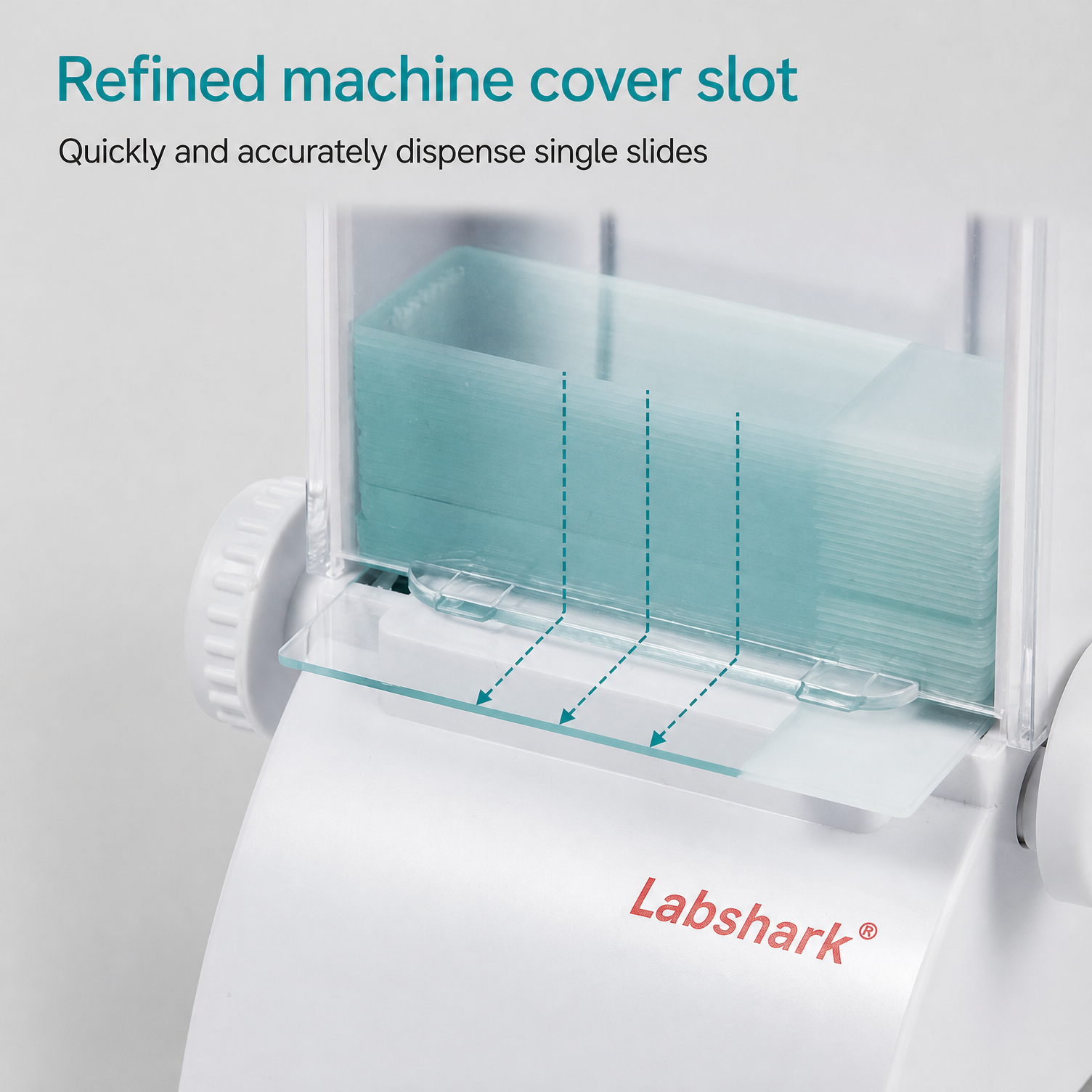 Refined machine cover slot for quick and accurate single slide dispensing on Labshark slide glass slider.png