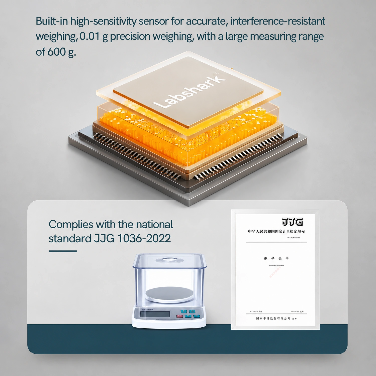 Accurate weighing with national standard compliance on Labshark electronic balance.webp