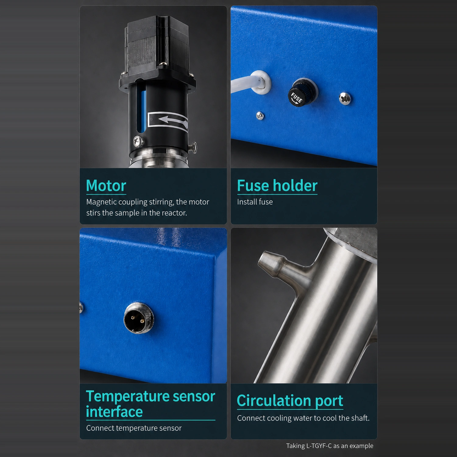 Product details of Labshark high pressure reactor showing motor fuse holder temperature sensor interface and circulation port.webp