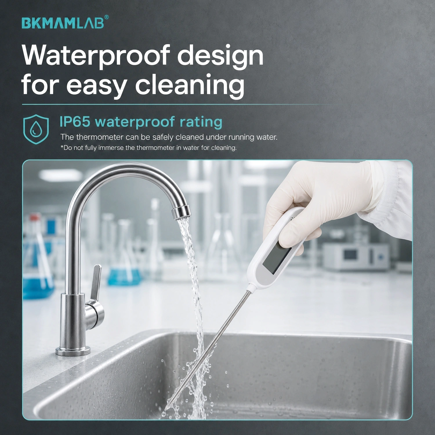 IP65 waterproof probe thermometer being cleaned under running water.webp