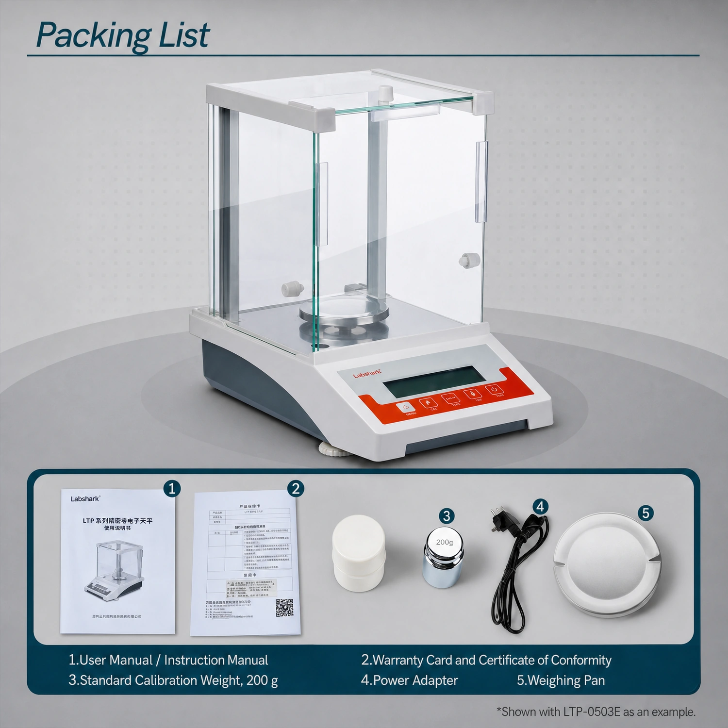 Packing list of Labshark analytical balance including stainless steel weighing pan.webp
