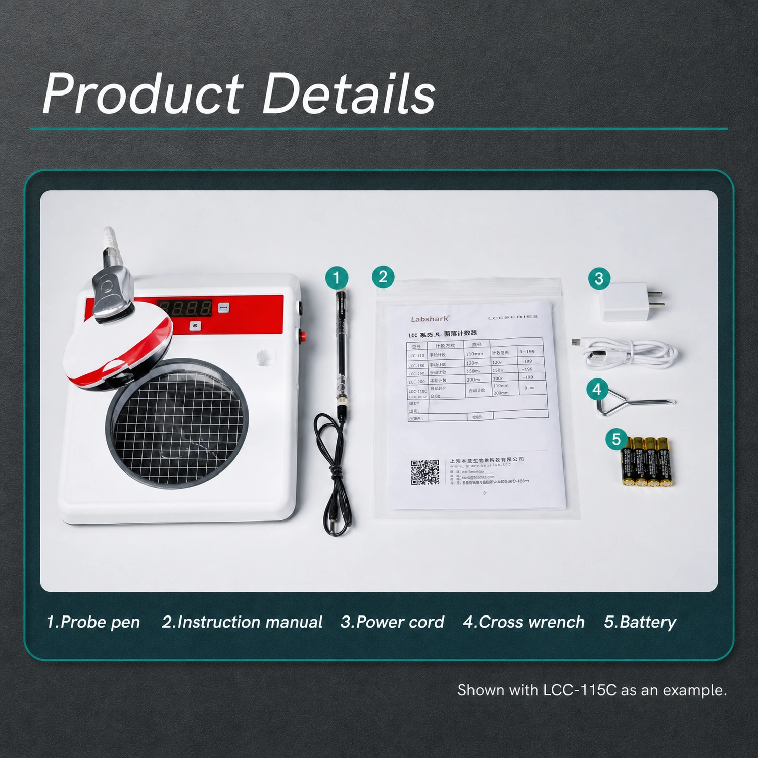 Packing list of Labshark colony counter including probe pen and power cord.webp