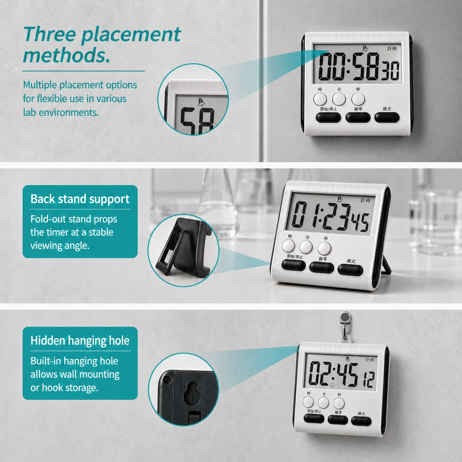 Three placement methods magnetic attachment stand-up and hanging hole on Labshark digital timer.webp