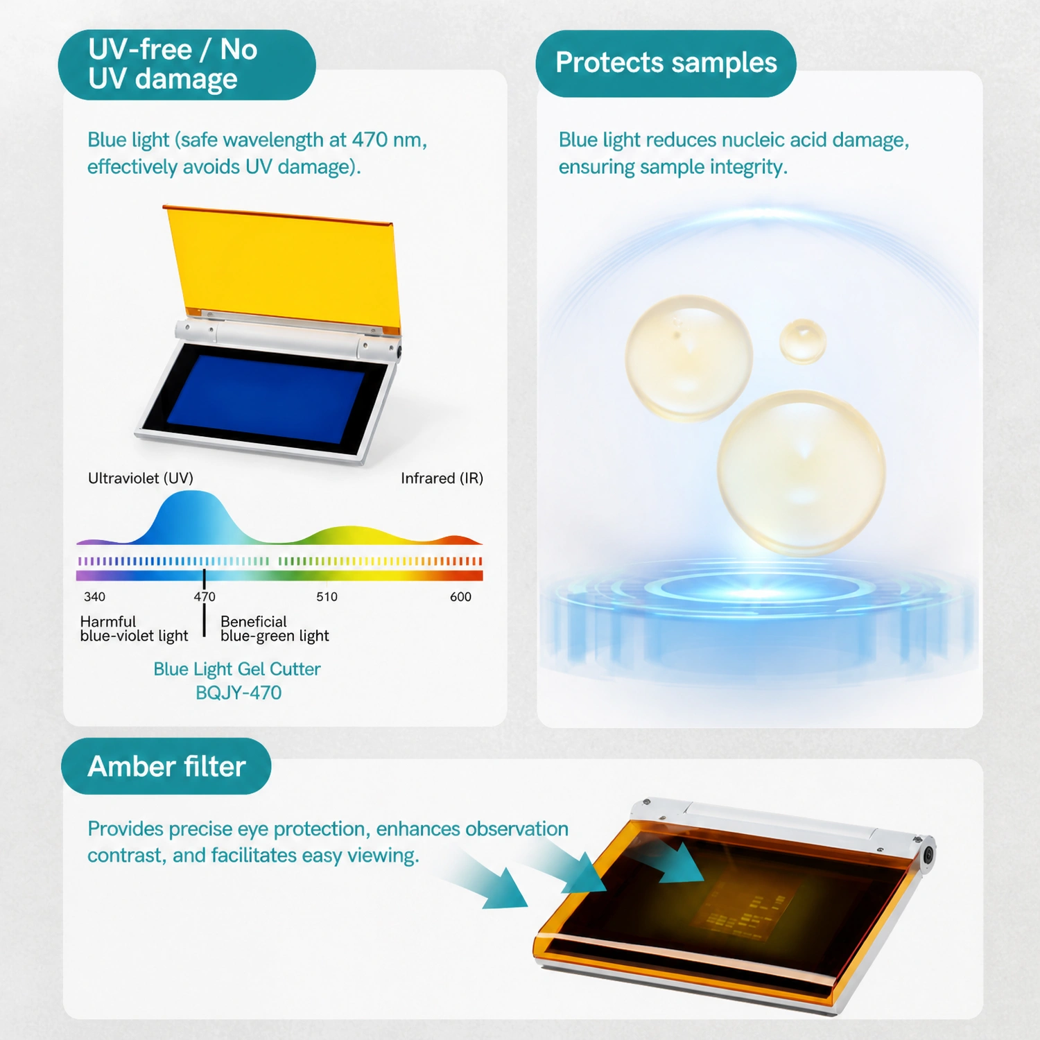 UV-free 470 nm blue light and amber filter for eye protection on Labshark blue light transilluminator.webp