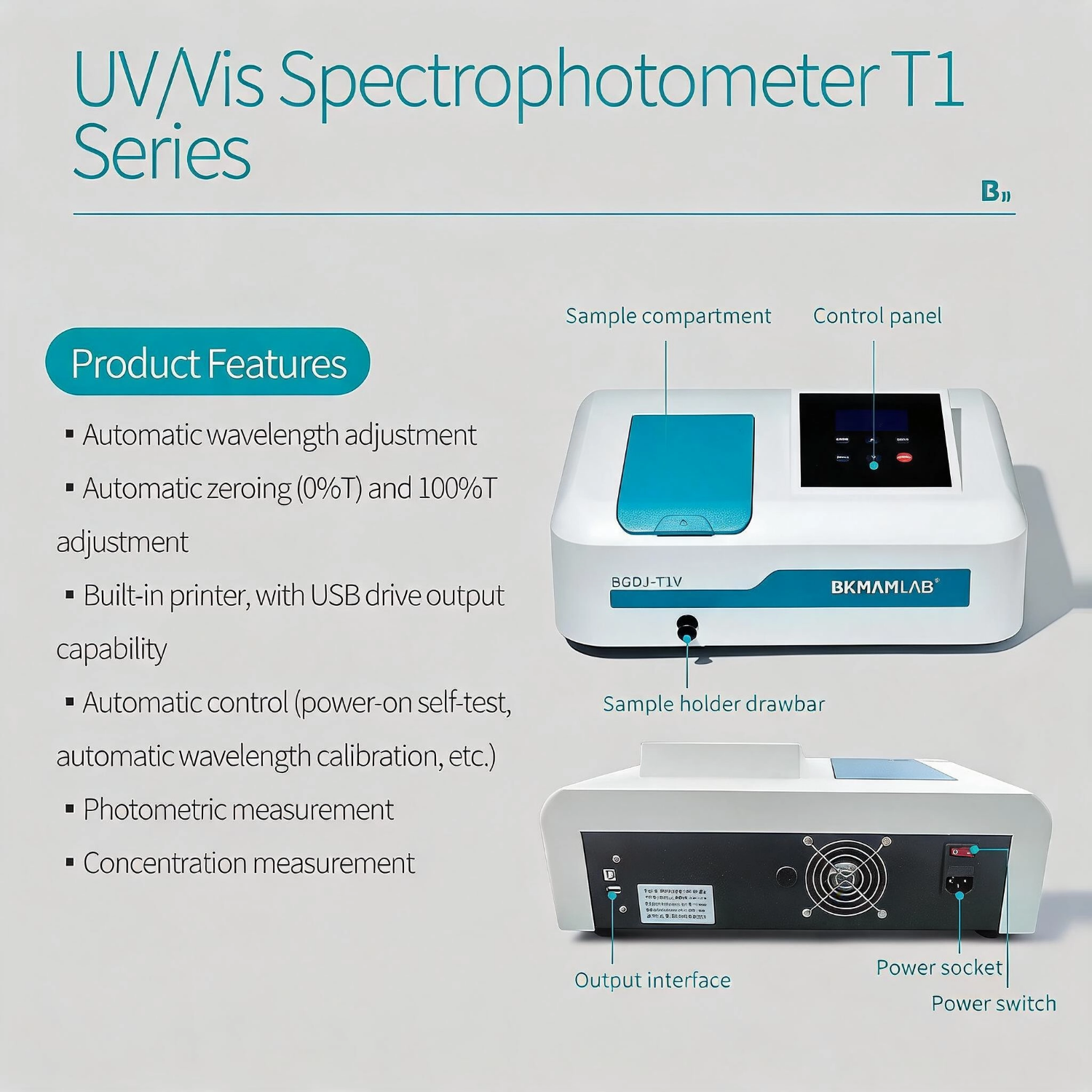 BKMAMLAB T1 series UV-Vis spectrophotometer with LCD display for routine analysis.webp