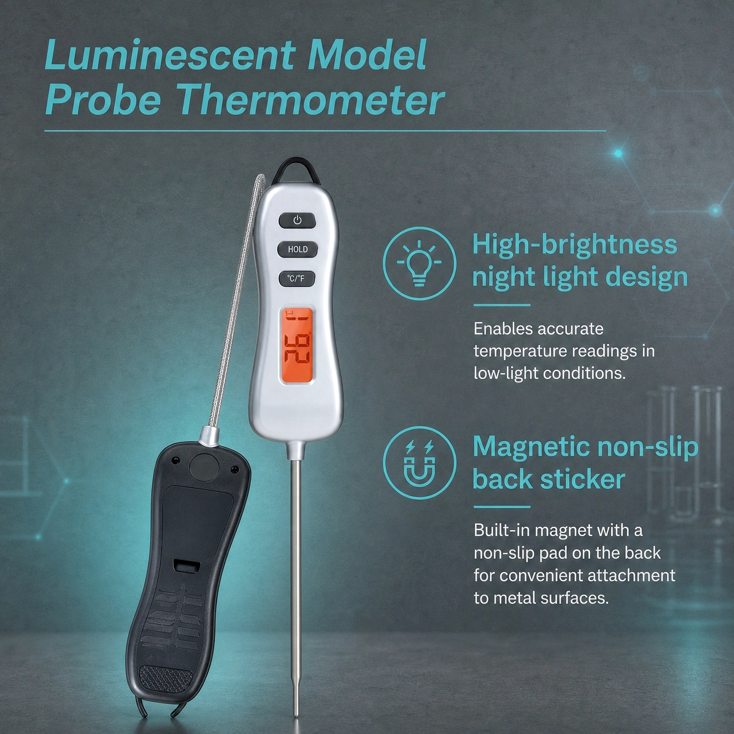 Labshark luminous model probe thermometer with high-brightness night light and magnetic back sticker.webp