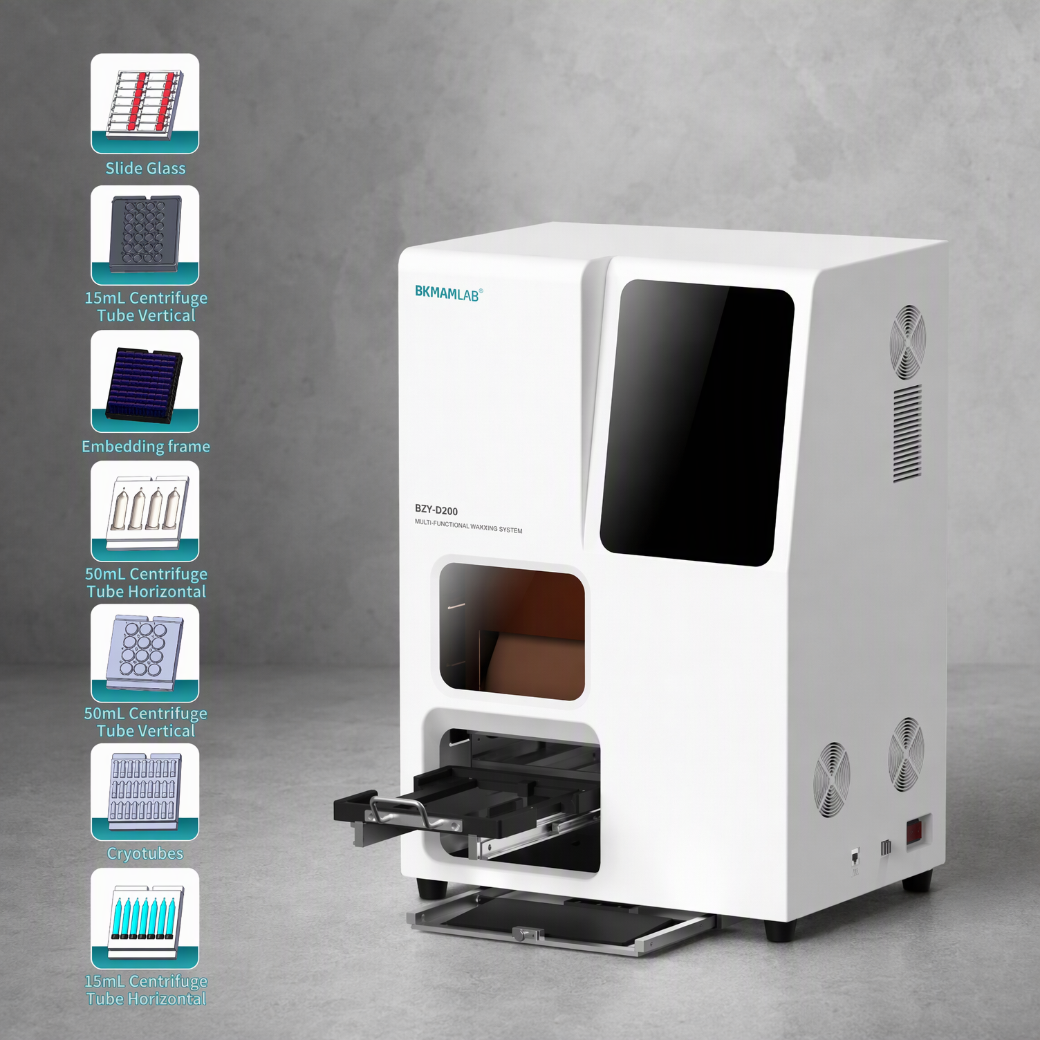Adapter compatibility of BKMAMLAB multifunctional marking machine for slide glass centrifuge tubes cryotubes and embedding frames.png