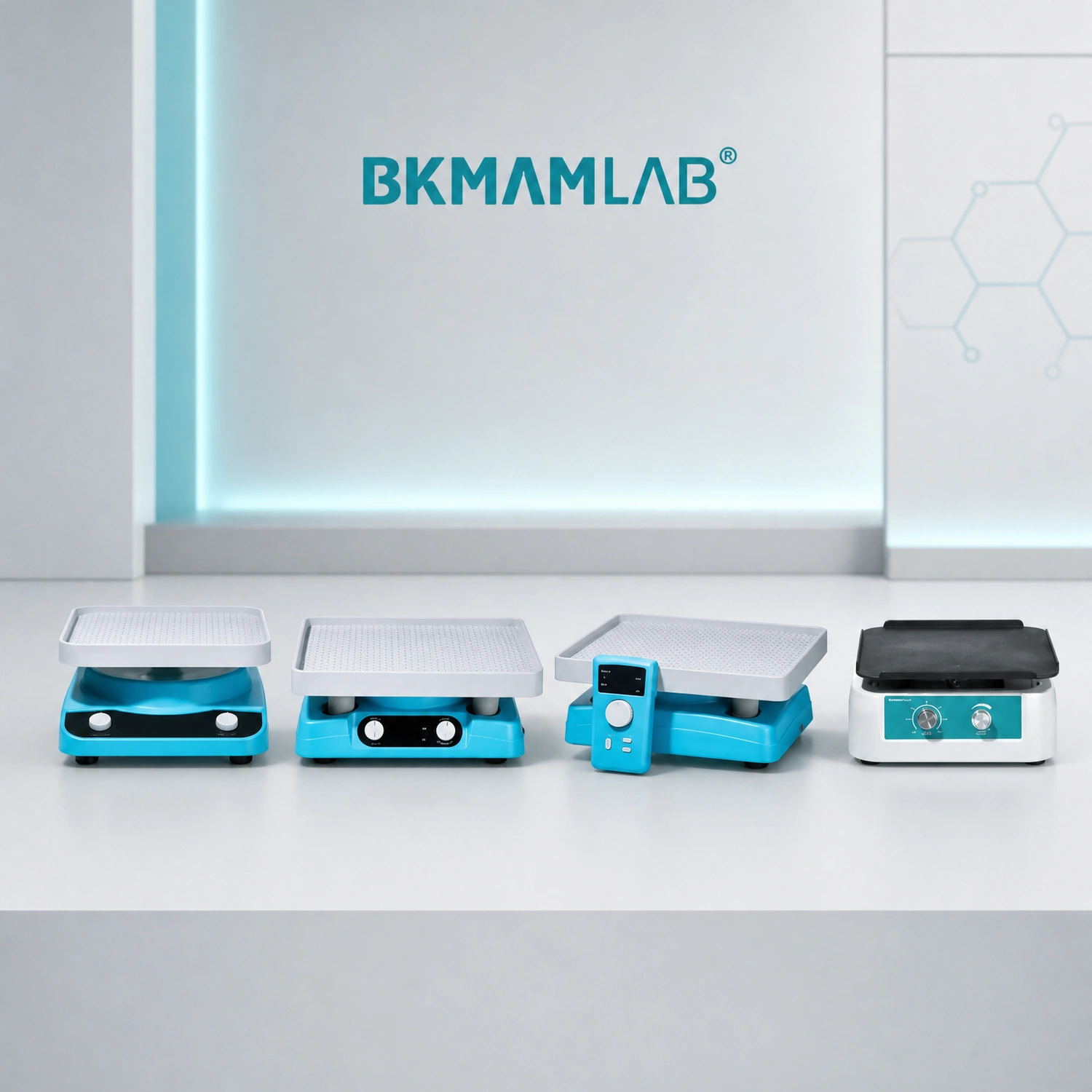 BKMAMLAB laboratory shaker series lineup with orbital rocking and 3D motion models.webp