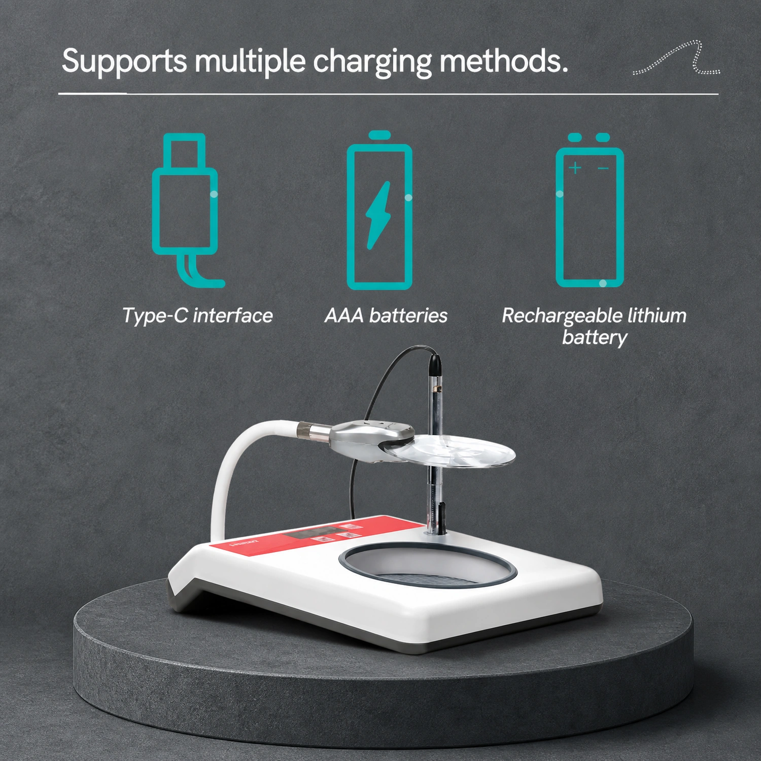 Multiple charging methods including Type-C AAA batteries and lithium battery on Labshark colony counter.webp