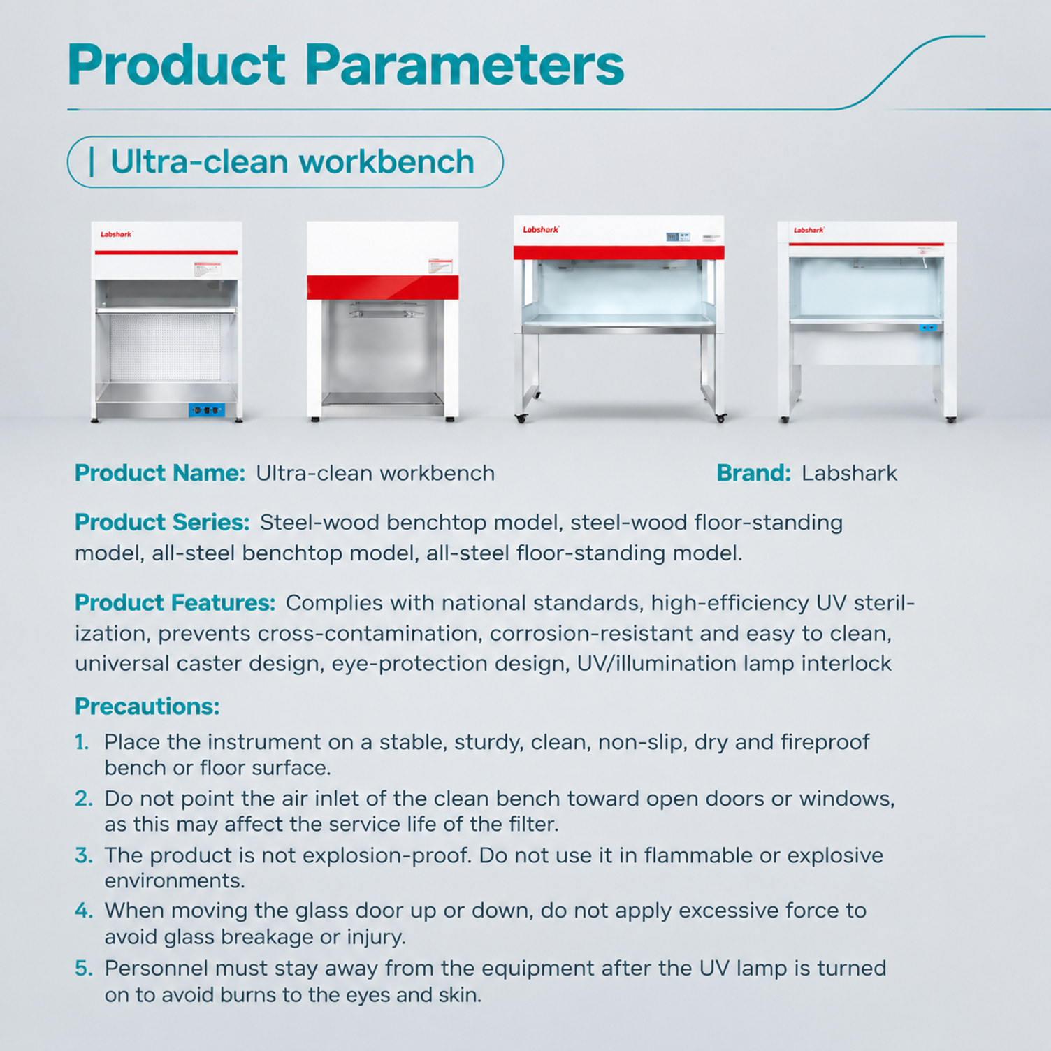 Ultra-clean workbench product parameters with four models and features including UV sterilization and corrosion resistance.png