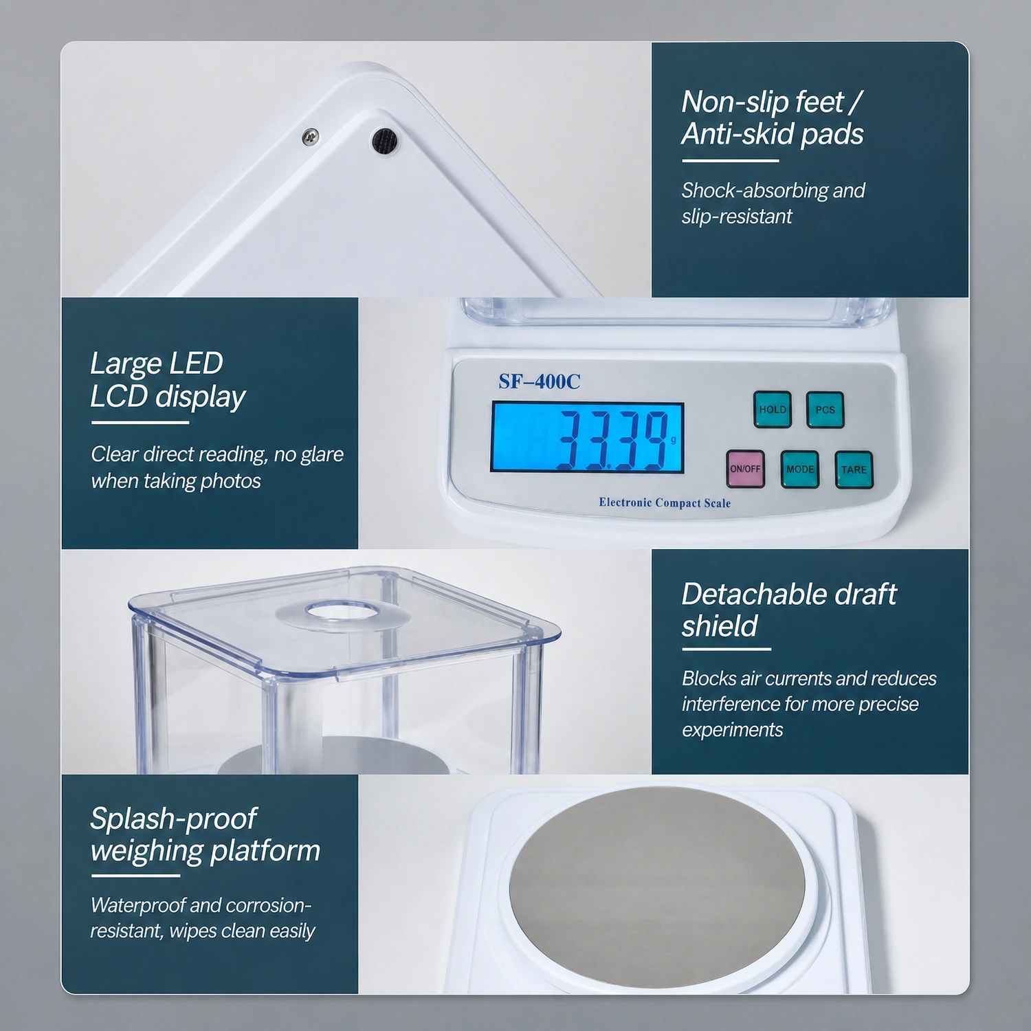 Safety protection mechanisms and anti-slip feet on Labshark electronic balance.webp
