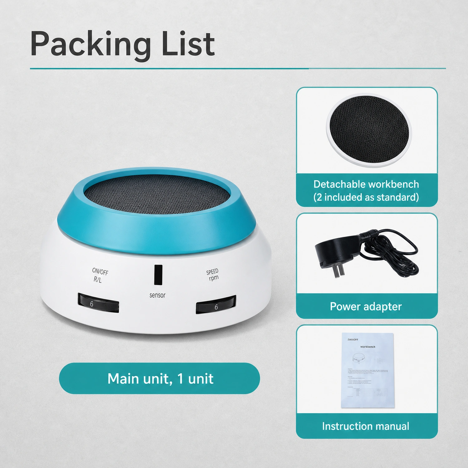 Packing list of Labshark cell spreader including main unit and power adapter.webp