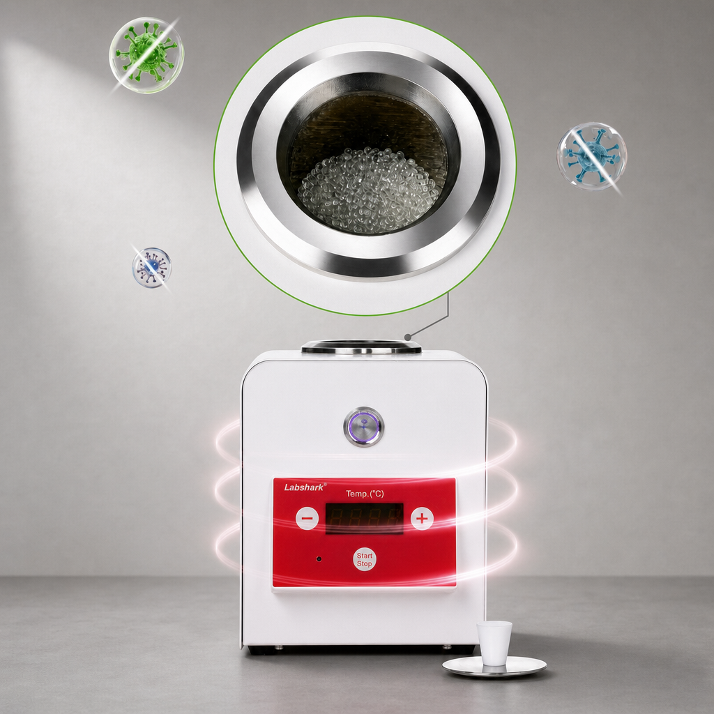 Glass beads heating chamber on Labshark hot bead steriliser for uniform sterilization.png