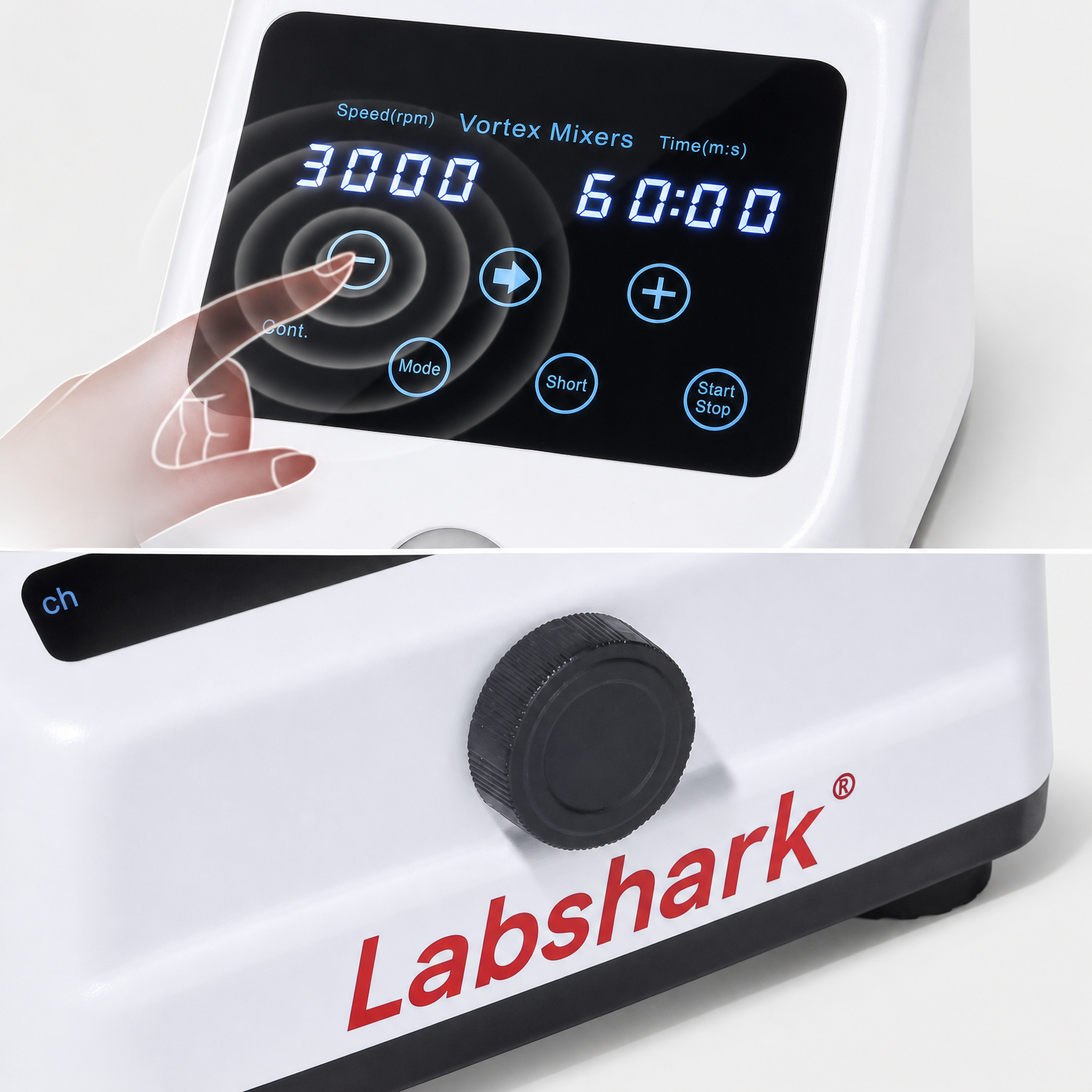LED display and stepless speed control knob on Labshark vortex mixer.png