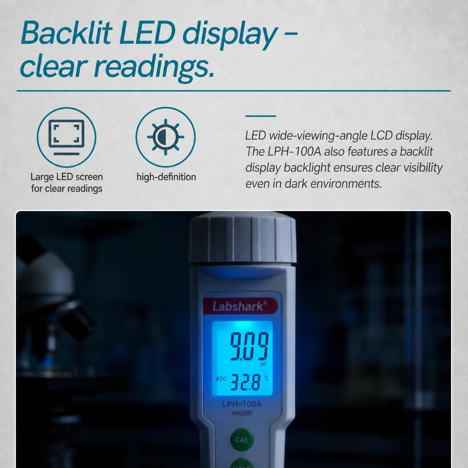 Backlit LED wide-viewing-angle LCD display on Labshark pH pen for clear readings.webp