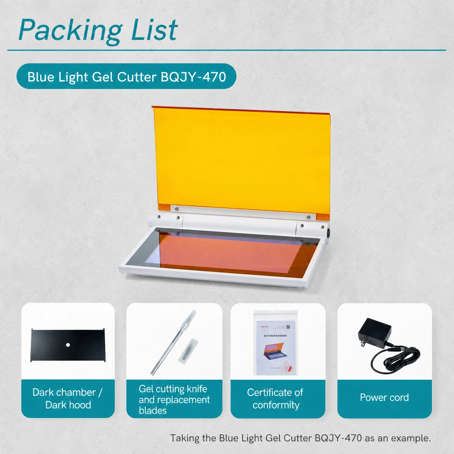 BKMAMLAB blue light gel cutter BQJY-470 packing list including dark hood gel cutting knife and power cord.webp