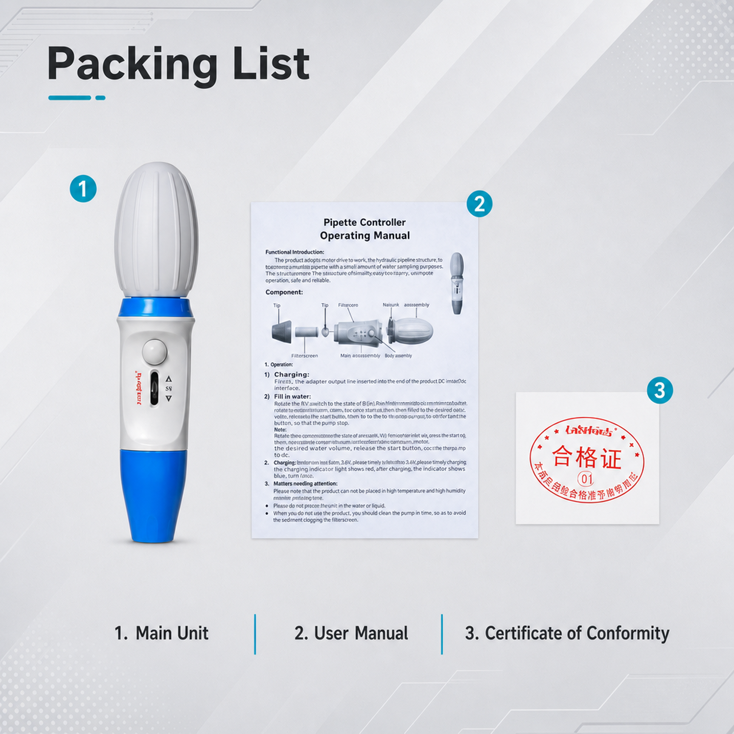Packing list of Labshark manual pipette pump including main unit and instruction manual.webp