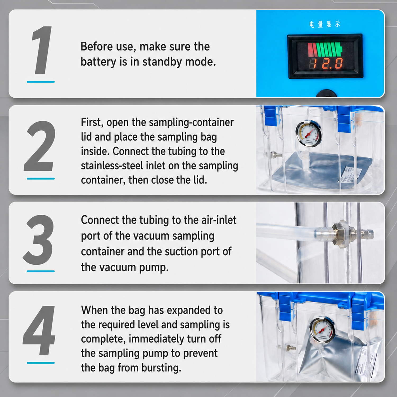Step-by-step NMHC sampling process with vacuum chamber and air bag method.webp