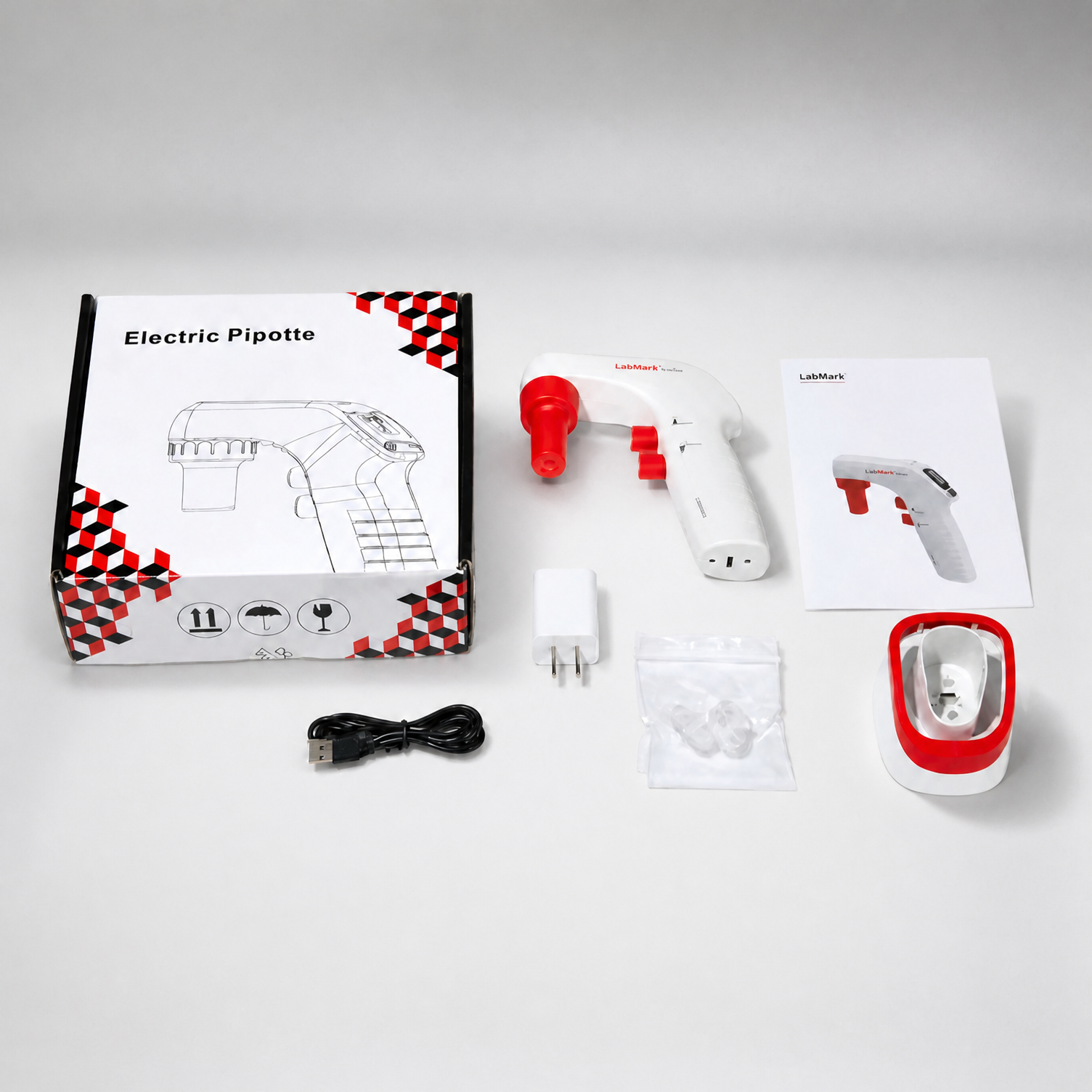 Packing list of Labshark EP Plus pipette controller including charger, base and 0.45&mu;m filter.png