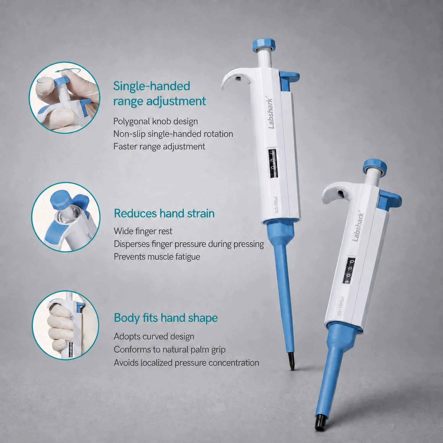 Wide volume range adjustment with 6 calibration points on Labshark laboratory pipette.webp
