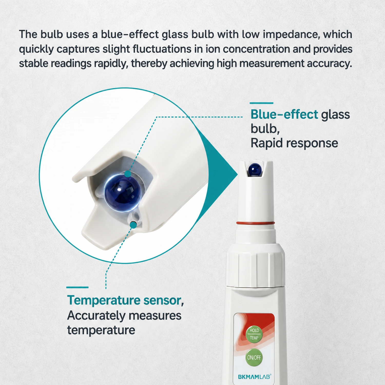 Blue-effect glass bulb and temperature sensor on Labshark pH pen for fast response.webp