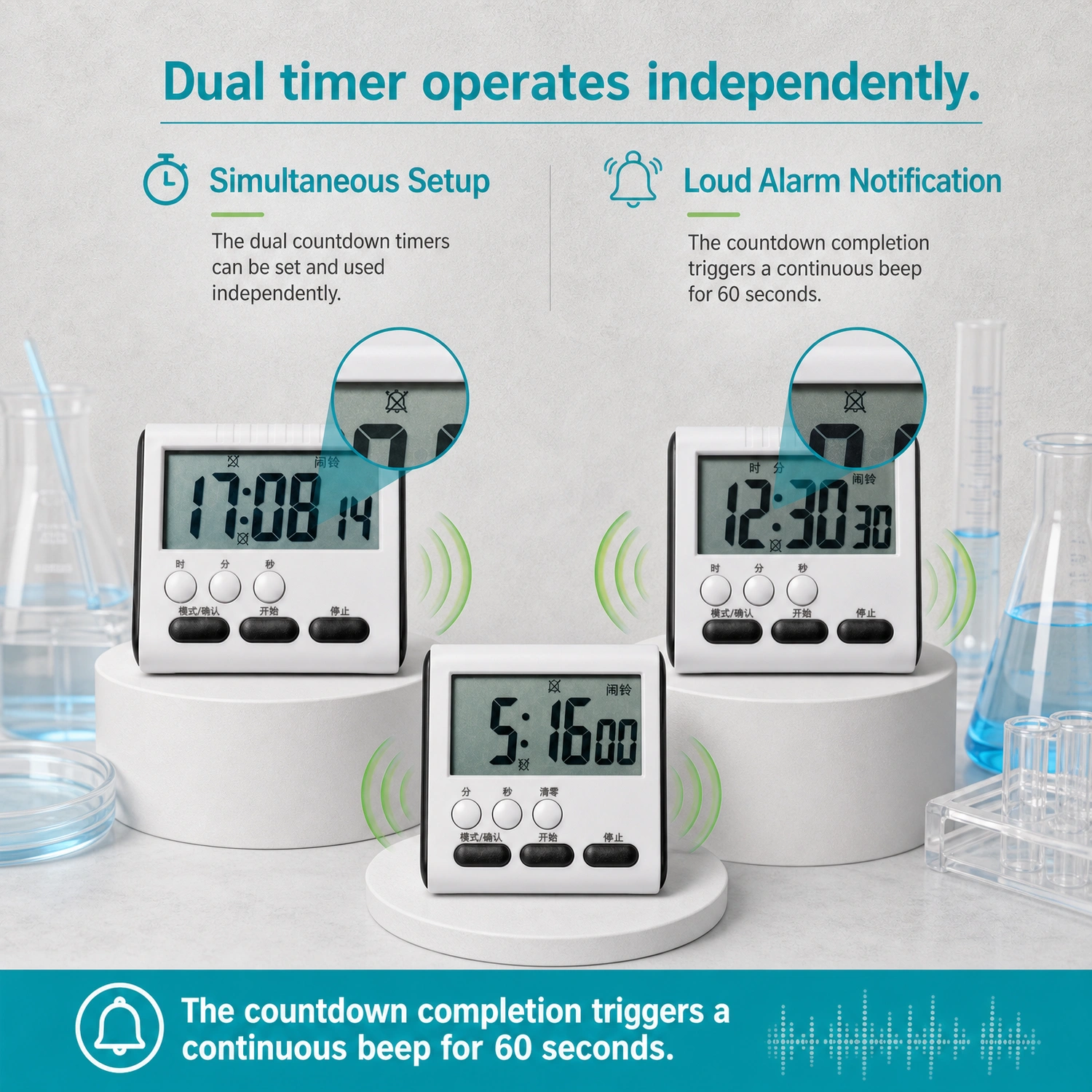 Dual timer operates independently with simultaneous setup and loud alarm notification on Labshark Timepiece.webp