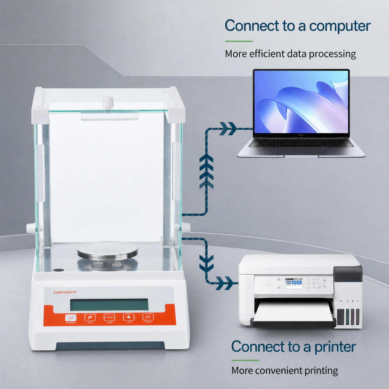 Labshark analytical balance RS232 connection to computer for data processing and printer for convenient printing.webp