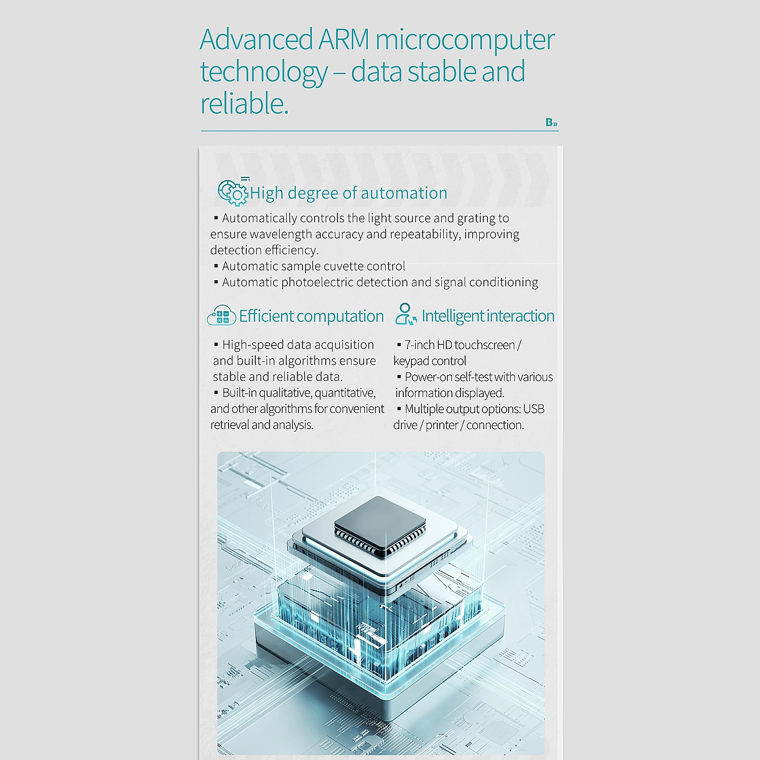 Advanced ARM microcomputer technology for stable and reliable data on BKMAMLAB spectrophotometer.webp
