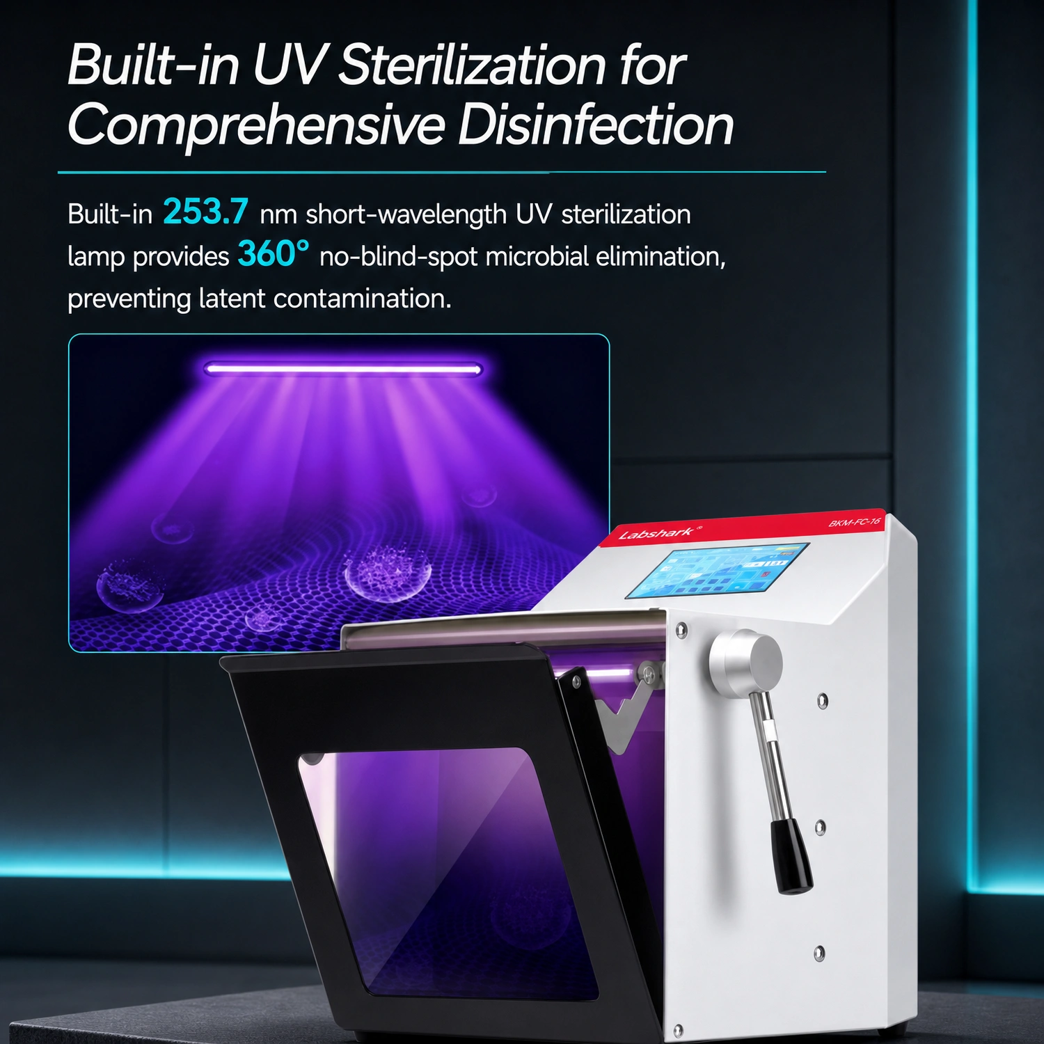 Built-in UV sterilization with 253.7 nm lamp on Labshark paddle homogenizer.webp